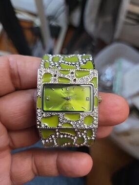 Geneva Silver Bracelet Watch with Neon Green Dial and Accents